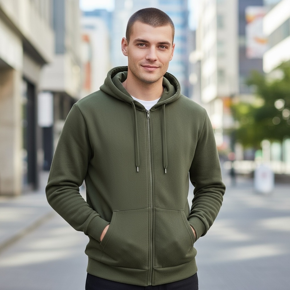 2/MEN Olive Green Hoodie Zippered‎ with Drawstring Hood